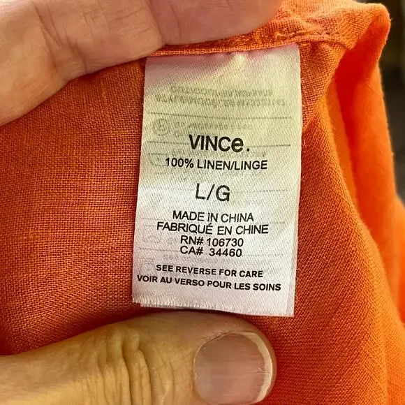 Vince Men's 100% Linen Orange Button Down Shirt Size L - Picture 8 of 9